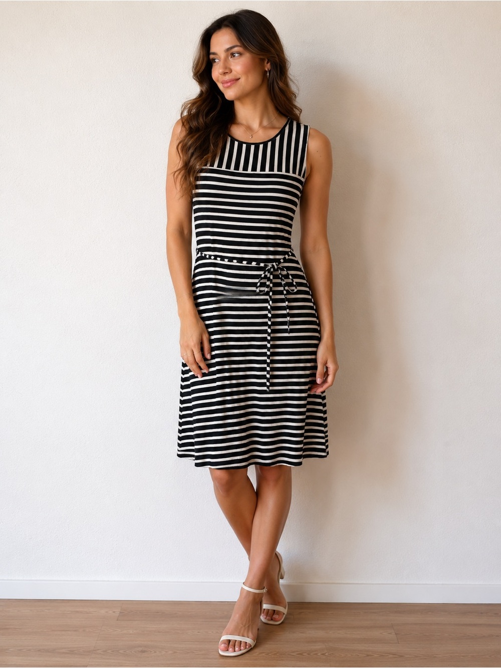 Liz Claiborne Black and White Striped Sleeveless Tie-Waist Midi Dress